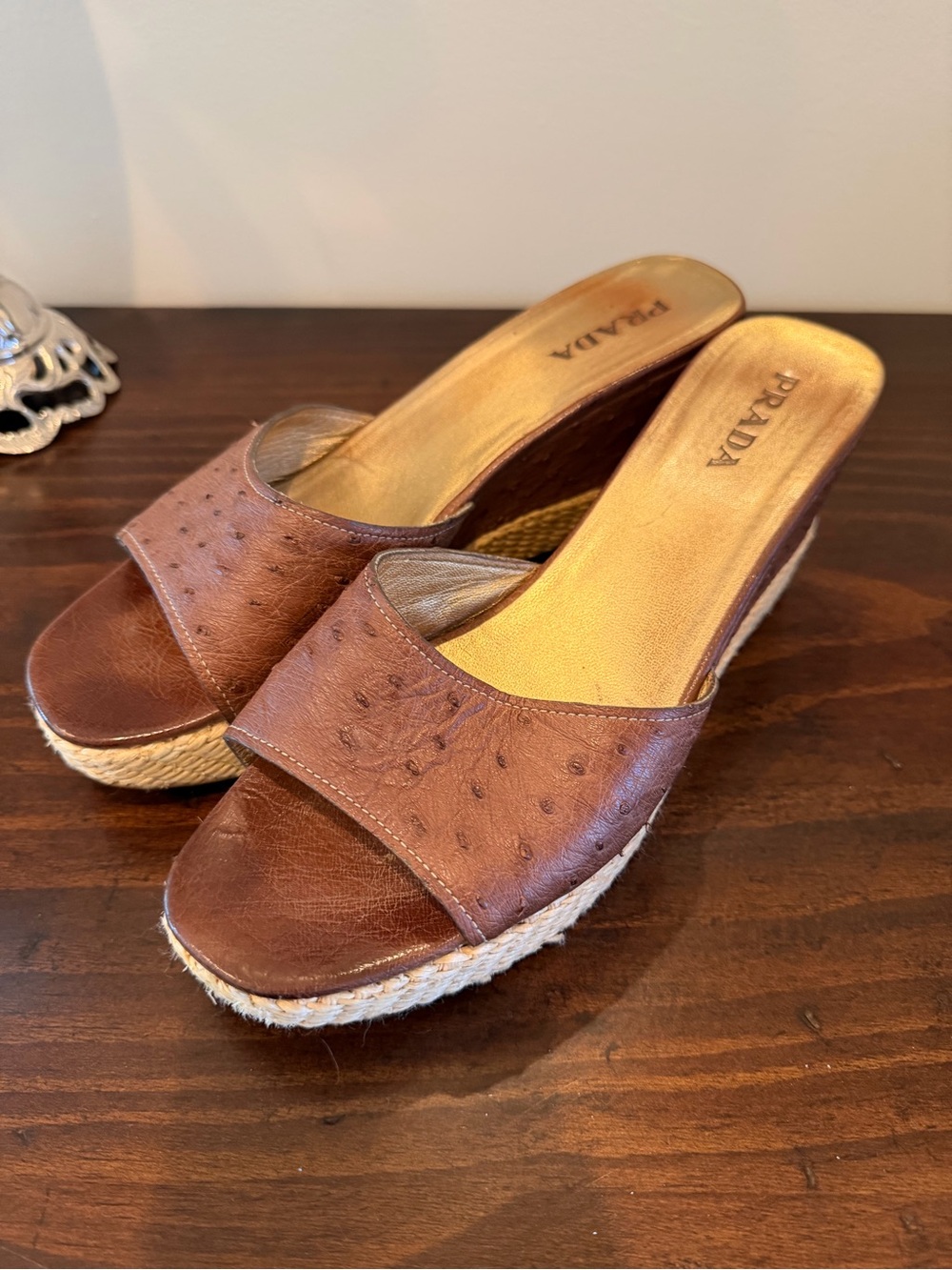 Prada Brown Leather Espadrille Wedge Slides